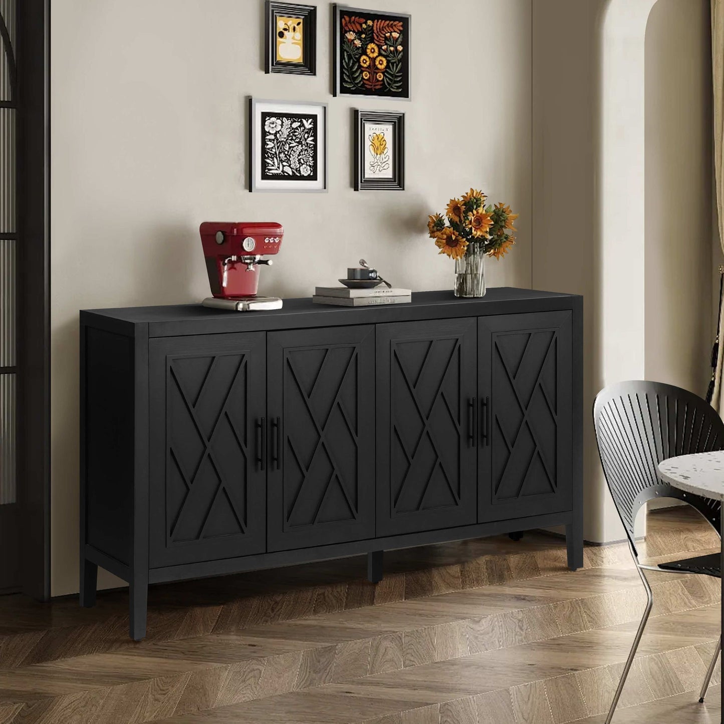 60 inches Modern Farmhouse Accent Cabinet with 4 Doors and Adjustable Shelf Wood Sideboard Buffet Cabinet Console Table  image 1
