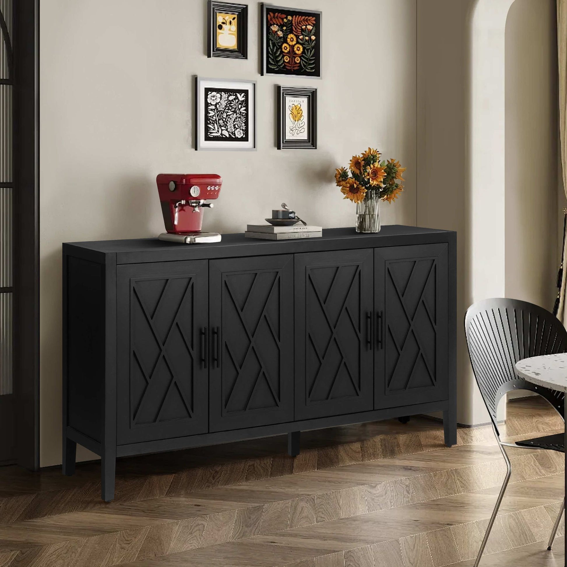 60 inches Modern Farmhouse Accent Cabinet with 4 Doors and Adjustable Shelf Wood Sideboard Buffet Cabinet Console Table  image 1
