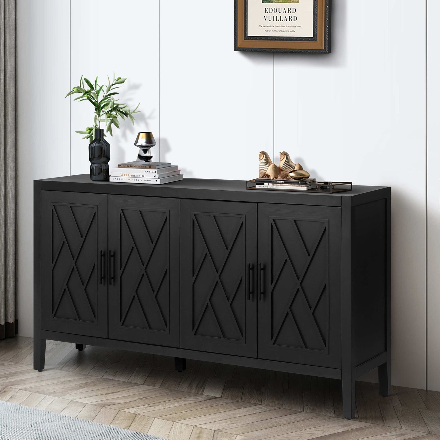 60 inches Modern Farmhouse Accent Cabinet with 4 Doors and Adjustable Shelf Wood Sideboard Buffet Cabinet Console Table  image 3