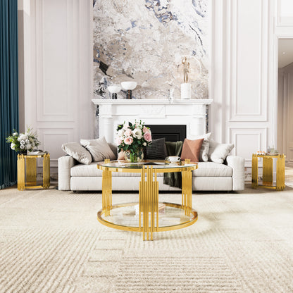 Modern Transparent Glass End Table for Living Room, Round, Asymmetrical Metal, Gold Finish & Lower Shelf, 19.8" image 3