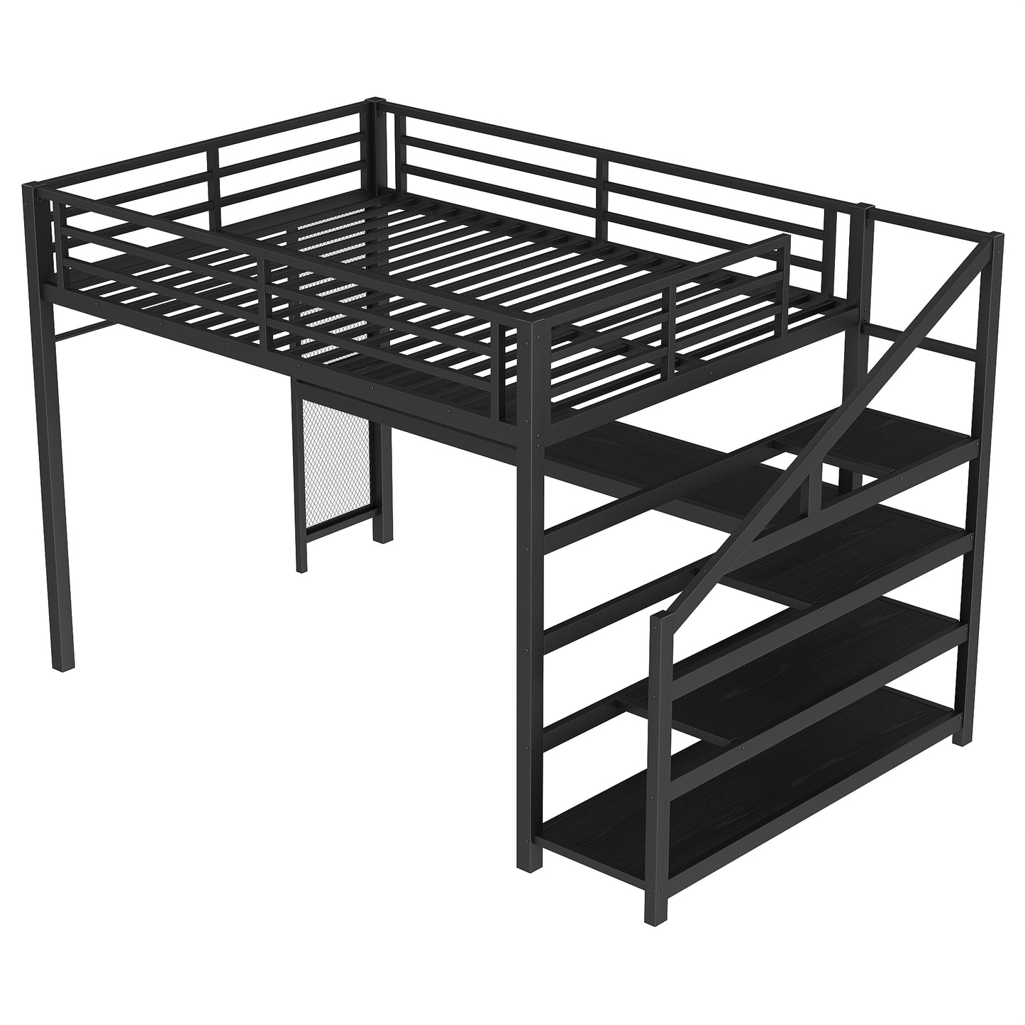 Queen Loft Bed with Desk and Storage Stairs, Metal Loft Beds with LED Lights, USB Ports, Multifunctional Iron Nets, No Spring Box Needed and Noise-free, Black image 8