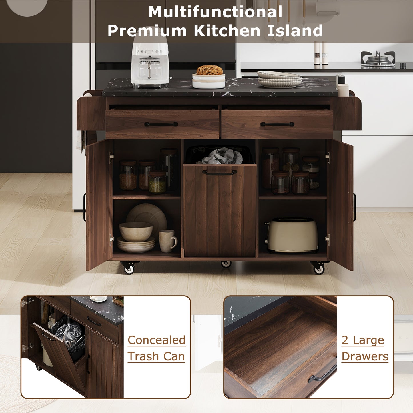 K&K Kitchen Island with Trash Can Storage Cabinet, Kitchen Cart with Drop Leaf, Spice Rack, Towel Rack and Drawer, Rolling Kitchen Island on Wheels with Adjustable Shelf, Walnut Brown image 9
