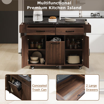 K&K Kitchen Island with Trash Can Storage Cabinet, Kitchen Cart with Drop Leaf, Spice Rack, Towel Rack and Drawer, Rolling Kitchen Island on Wheels with Adjustable Shelf, Walnut Brown image 9
