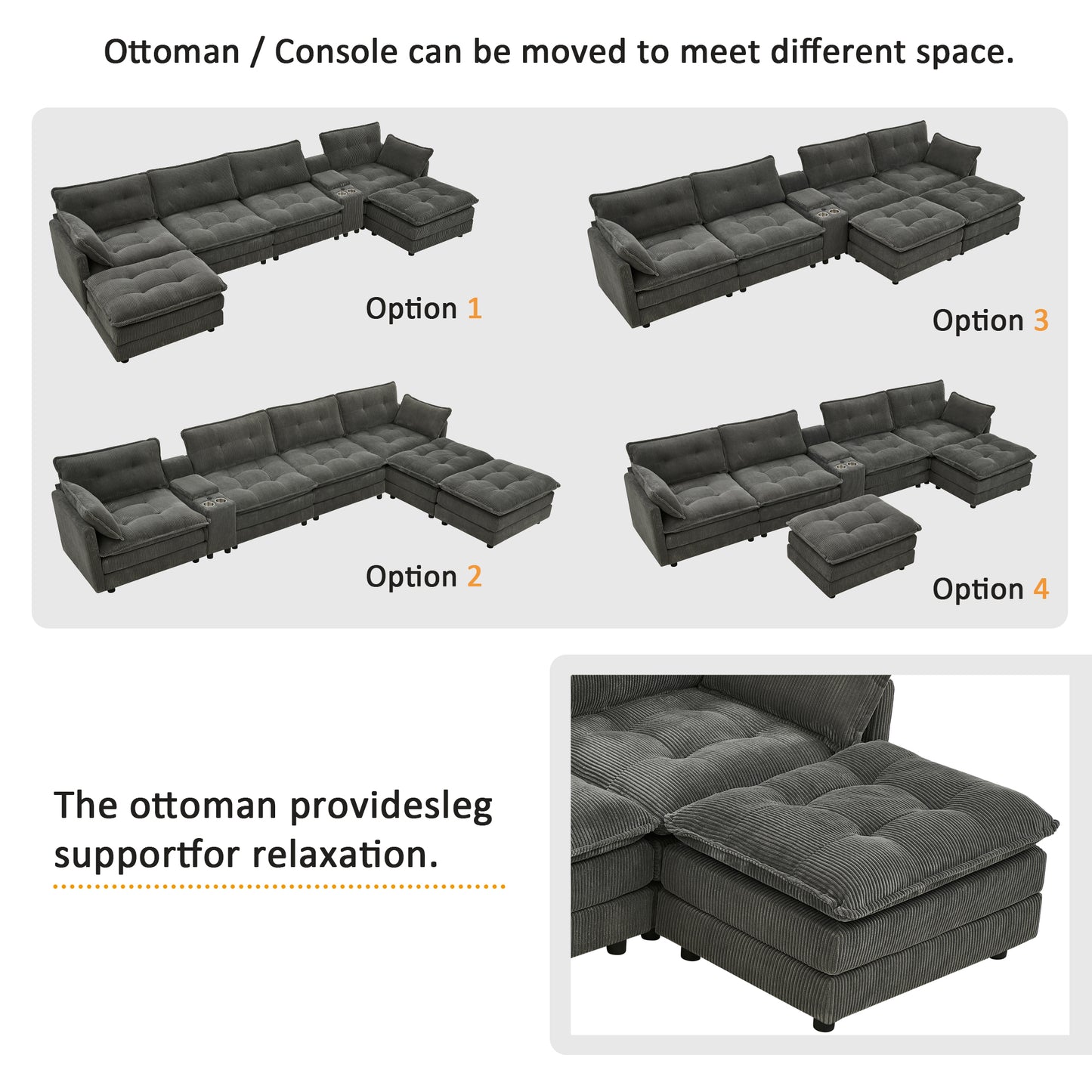 154" Sectional Cloud Sofa Couch with Ottomans, Modular U Shaped Couches for Living Room, Comfy Corduroy Oversized Sectional Modern 6 Seat Deep Seat Sofa Set with Central Console USB Port, Grey image 8