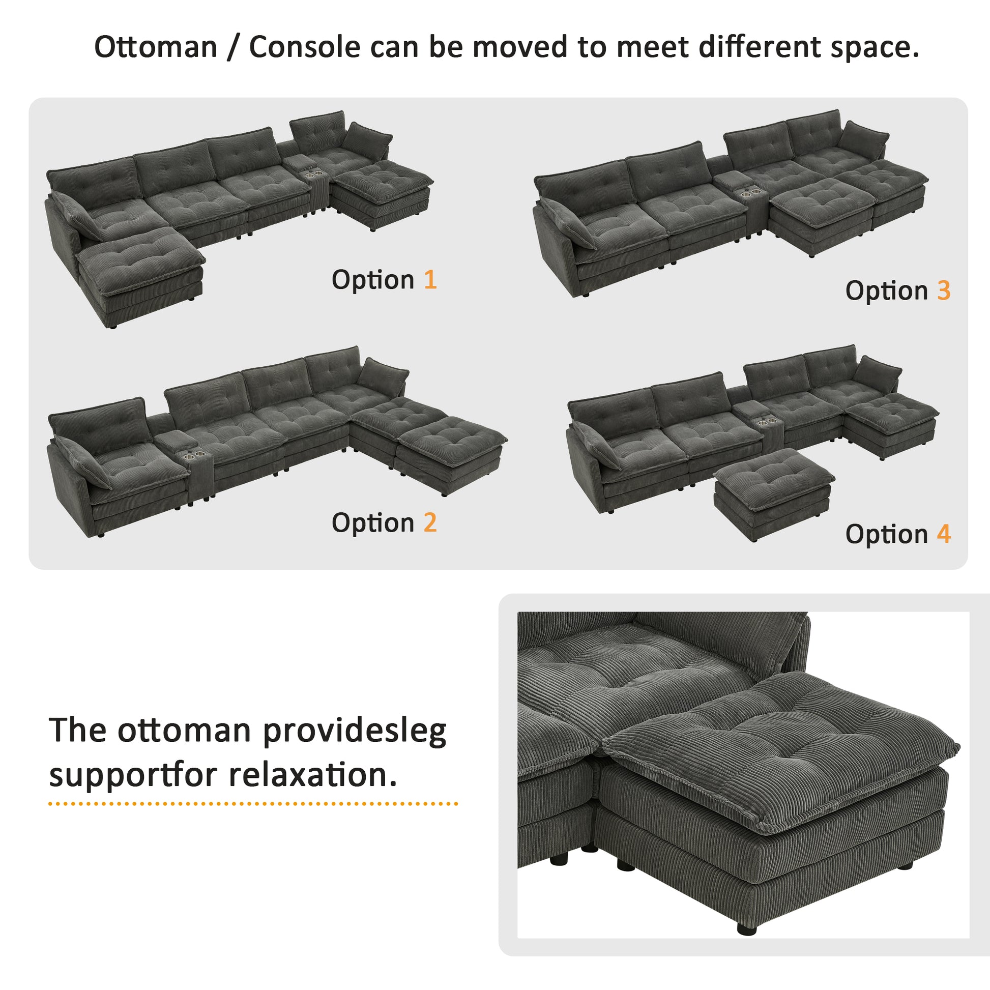 154" Sectional Cloud Sofa Couch with Ottomans, Modular U Shaped Couches for Living Room, Comfy Corduroy Oversized Sectional Modern 6 Seat Deep Seat Sofa Set with Central Console USB Port, Grey image 8