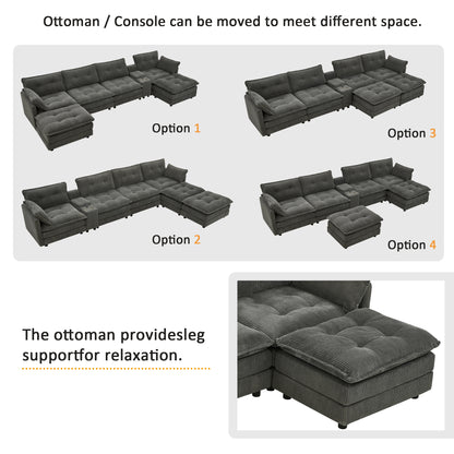 154" Sectional Cloud Sofa Couch with Ottomans, Modular U Shaped Couches for Living Room, Comfy Corduroy Oversized Sectional Modern 6 Seat Deep Seat Sofa Set with Central Console USB Port, Grey image 8