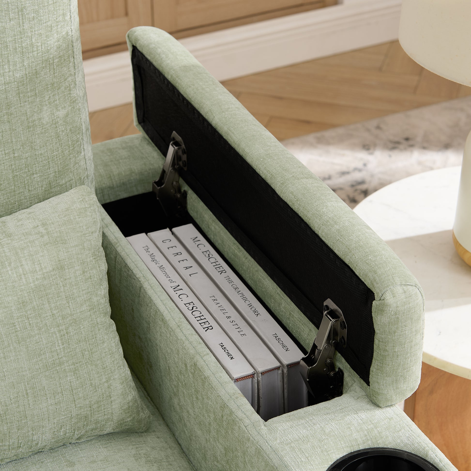 Single sofa recliner with manually adjustable backrest, USB charging port on the armrest side, phone stand included, hidden armrest storage, and a matching storage ottoman-Cyan image 7