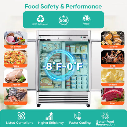 54"Commercial Freezer, 49 Cu.Ft Double Door Stainless Steel Reach-In Freezer, -8~0℉, Air Cooling, 6 Shelves, R290, ETL image 2