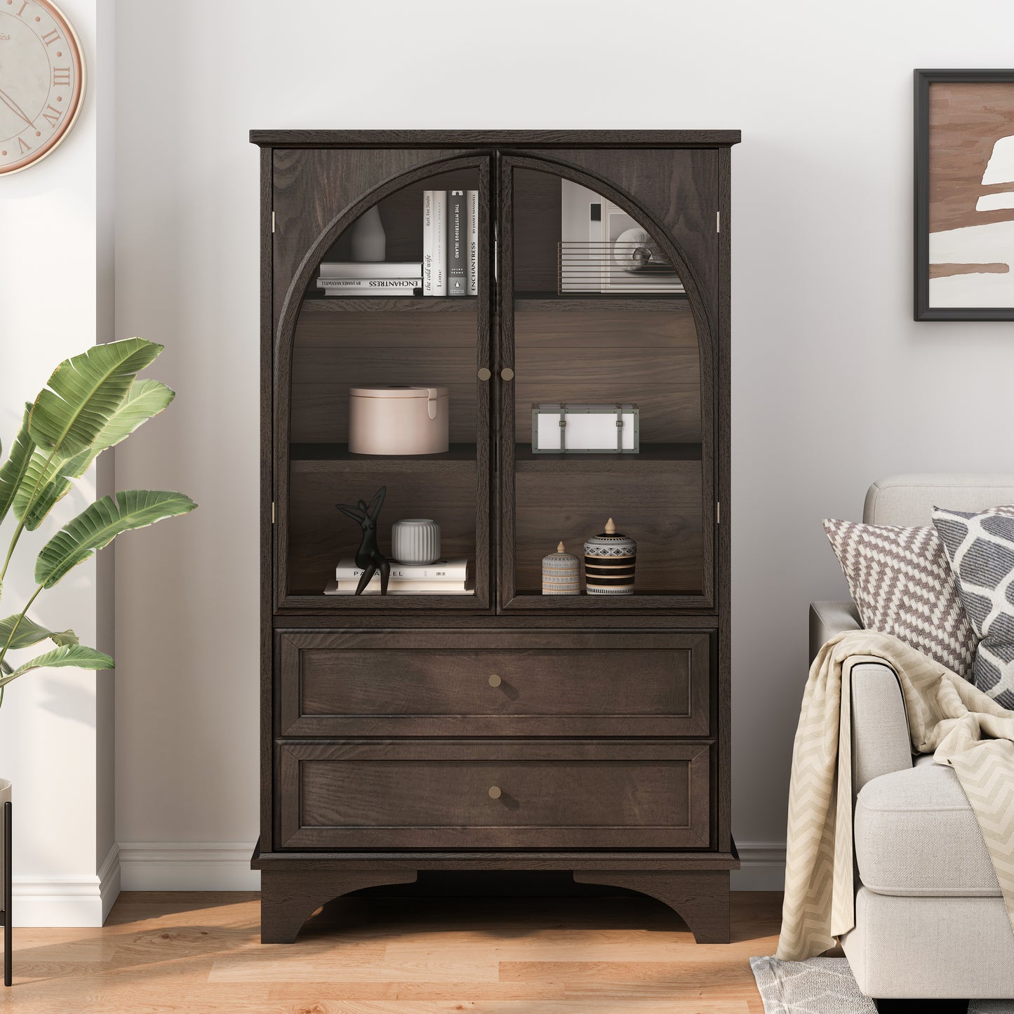 52.17"H Glass Door Display Case Storage Cabinet with 2 Drawers and Adjustable Shelf, Spacious Storage Solutions, Curio Cabinet for Living Room, Bedroom, Kitchen and Office, Brown image 2