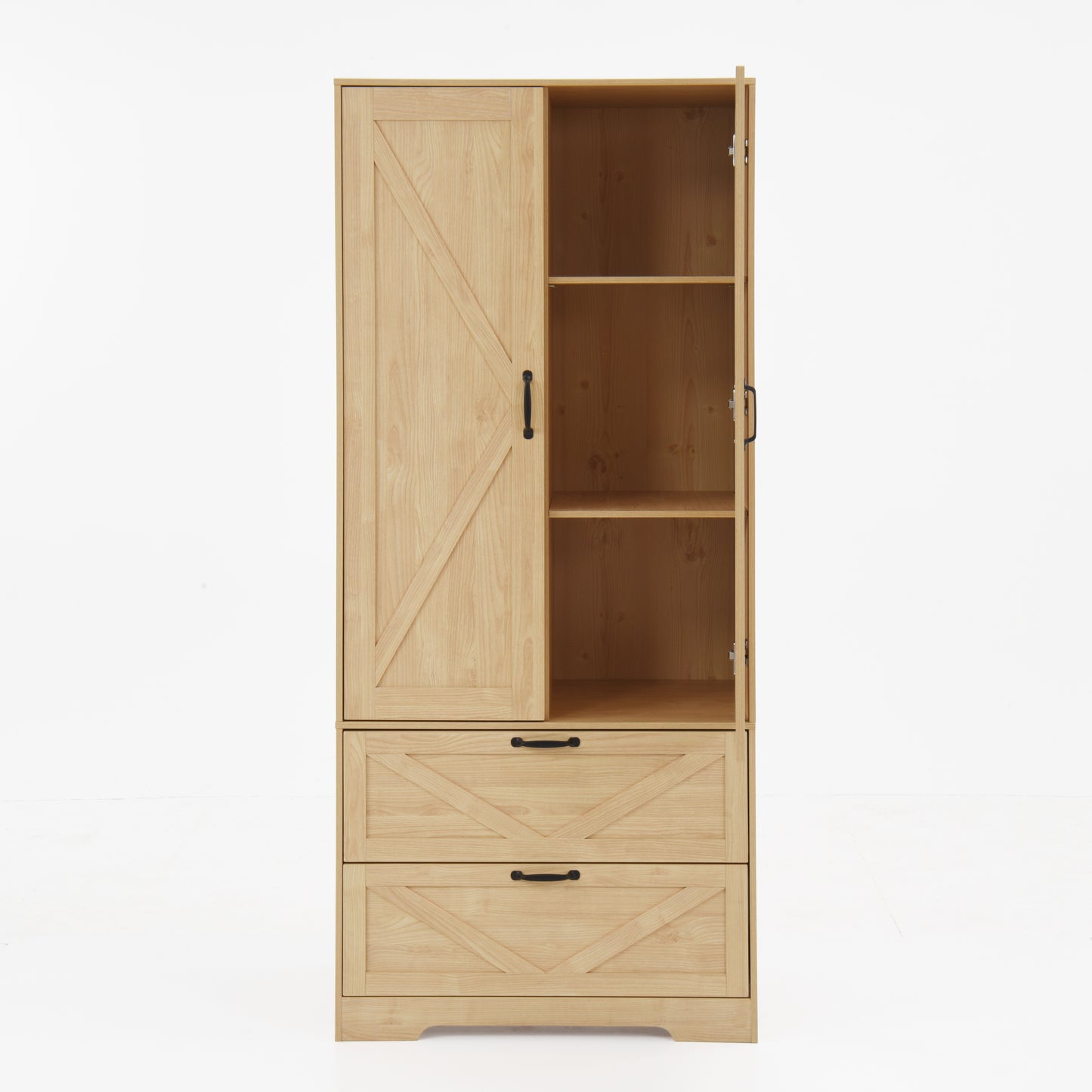 2 Door Wood Wardrobe for Bedroom with Hanging Clothing Rod inside the Cabinet and 2 Drawers for Storage Organization, Built-in induction light Multifunctional Closet with Mirror, Natural image 8