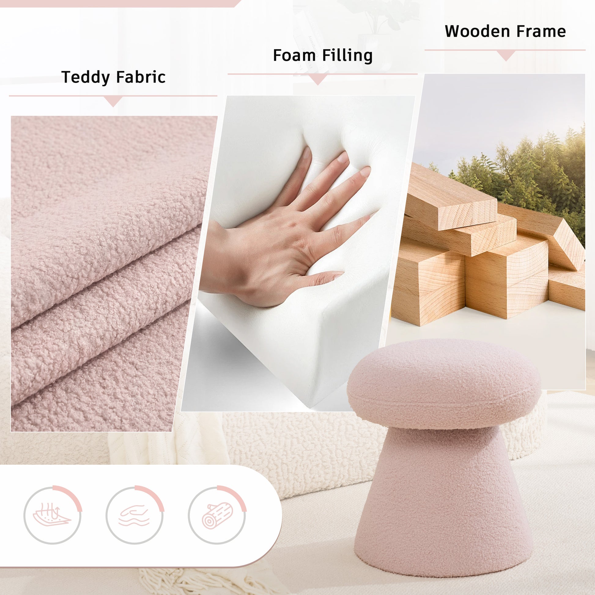 066-Teddy Fabric Soft-padded Footstool, Mushroom shaped Ottoman, Shoe-changing Stool, Makeup Stool,No Installation Required, Suitable For Bedrooms, Living Rooms, Powder Rooms Or Entrances, Pink image 3