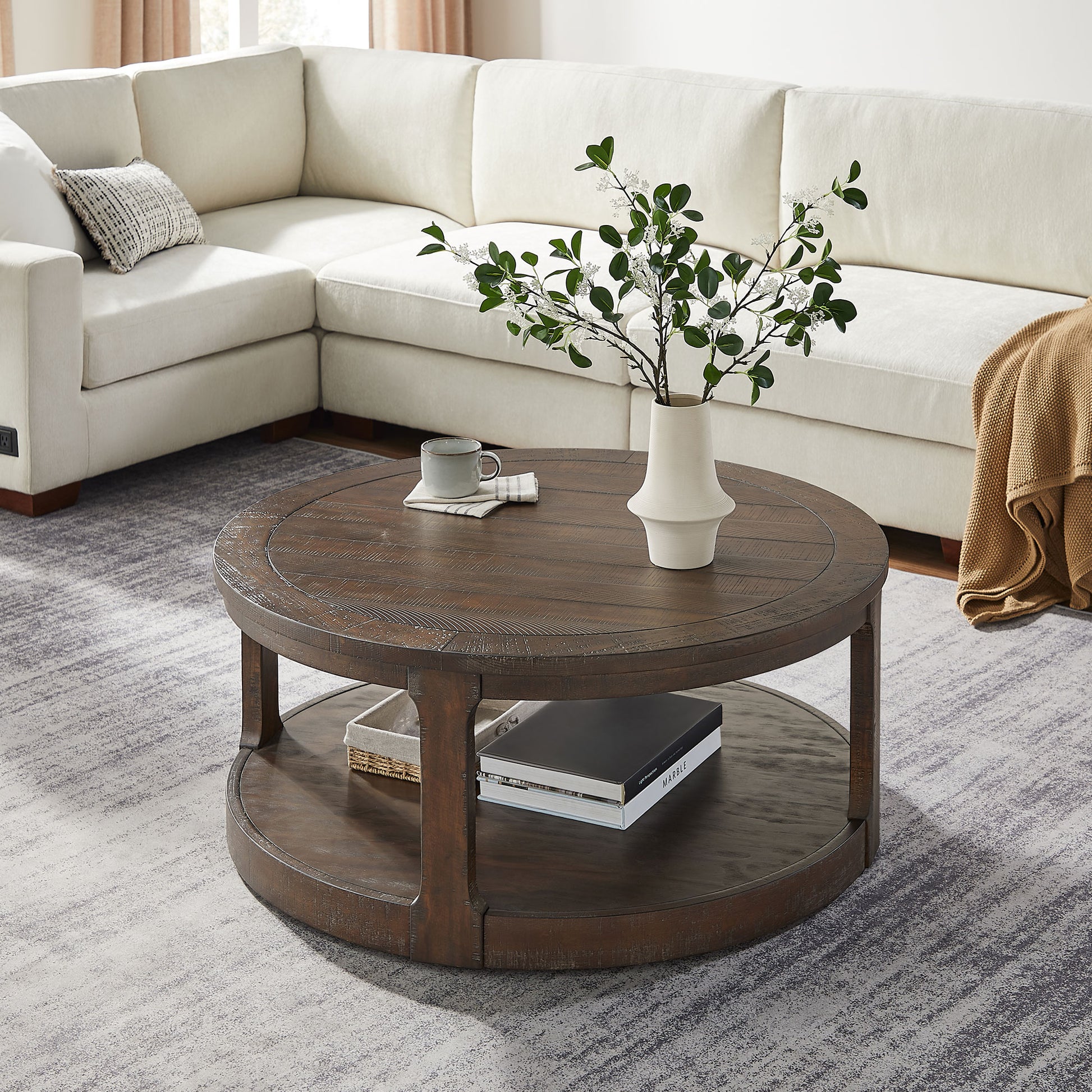 40inch Large Curved 2 Tier Traditional Round Circle Wooden Center Coffee Table,Mid Century Rounded Table with Wheels,Rustic Style Table for living Room,Office,Apartment,Brown image 5