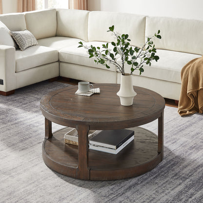 40inch Large Curved 2 Tier Traditional Round Circle Wooden Center Coffee Table,Mid Century Rounded Table with Wheels,Rustic Style Table for living Room,Office,Apartment,Brown image 5