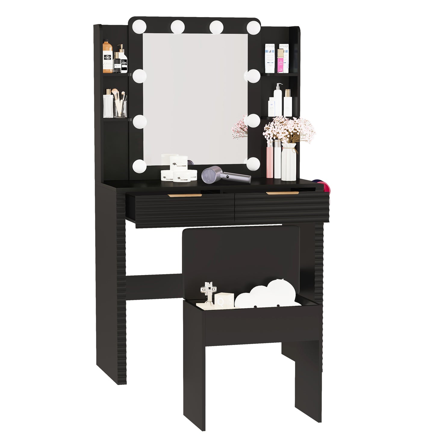 Makeup Vanity Desk with 10 Hollywood Bulbs, Fluted Dressing Table with Charging Station, 2 Drawers and 4 Open Shelves, Hairdryer Holder, Padded Stool with Storage, Black image 8