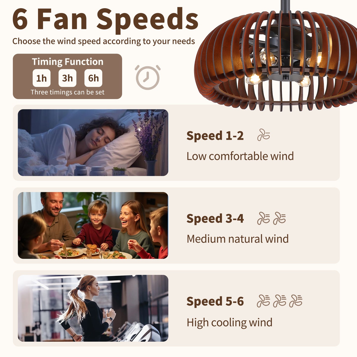 20" Pumpkin Wood Ceiling Fan, Rustic Farmhouse Plywood Fandelier with 6 E12 Sockets, Reversible DC Motor, Adjustable Hanging, 6 Speeds Remote Control Ceiling Fan for Dining Room Kitchen image 9