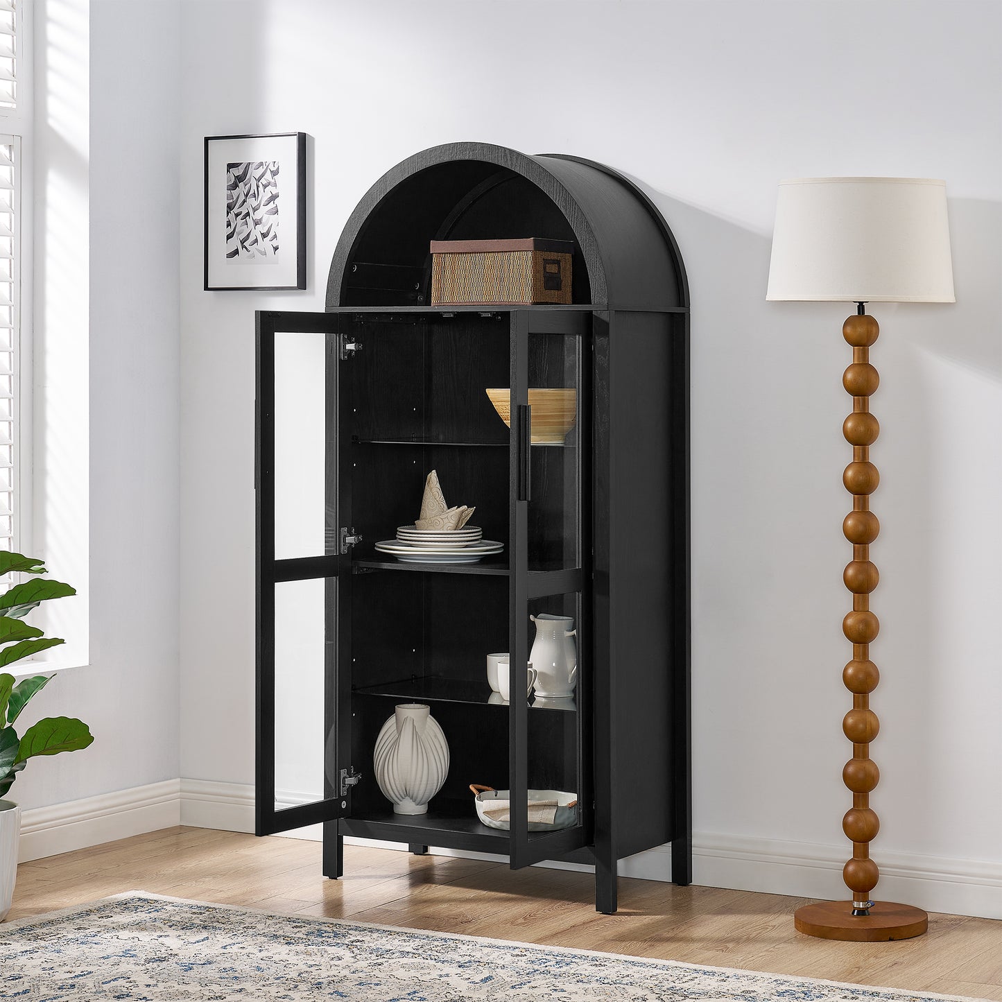 A high arched storage cabinet with a lamp, a modern retro-style wooden storage cabinet with adjustable glass partitions, suitable for use as a multi-functional cabinet in kitchens-Black image 4