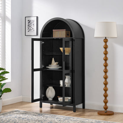 A high arched storage cabinet with a lamp, a modern retro-style wooden storage cabinet with adjustable glass partitions, suitable for use as a multi-functional cabinet in kitchens-Black image 4