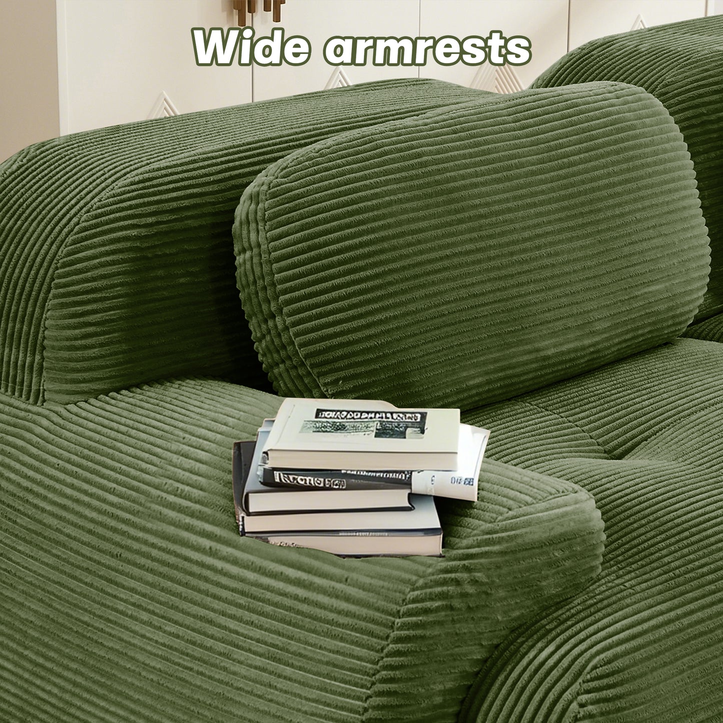 82'' L-shaped sofa in softCorduroy Fabric fabric modular design multiple combinations curved armrests assembly required high-resilience sponge suitable for living rooms rest areas bedroom,Olive green image 9