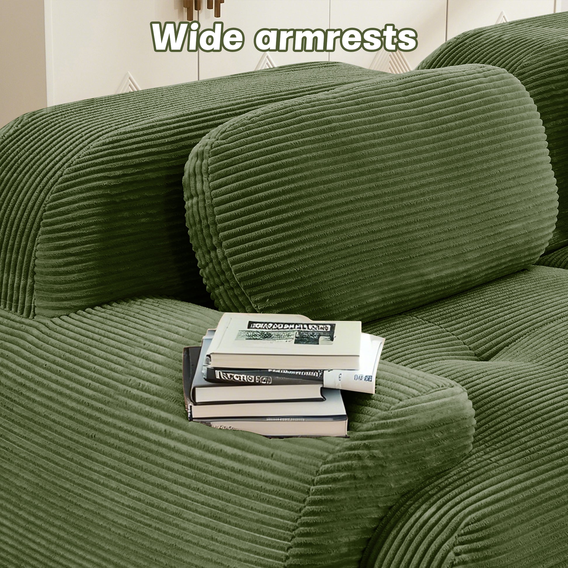 82'' L-shaped sofa in softCorduroy Fabric fabric modular design multiple combinations curved armrests assembly required high-resilience sponge suitable for living rooms rest areas bedroom,Olive green image 9