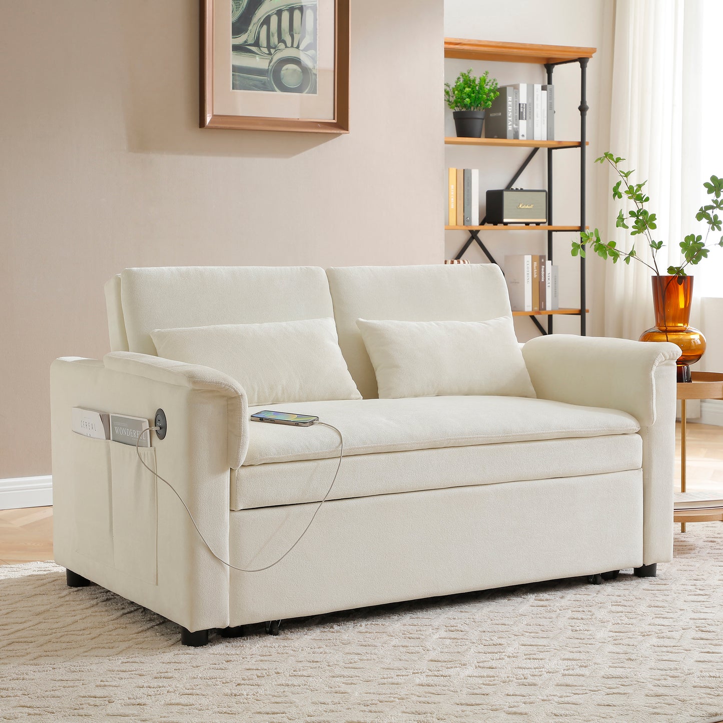 55" Velvet Two Seater Pull Out Sofa Bed, Adjustable Backrest With USB Ports, Two Side Pockets, 3 in 1 Convertible Sleeper Sofa Bed, Modern Love Seat Lounge,2 waist pillows for living rooms,BEIGE image 1