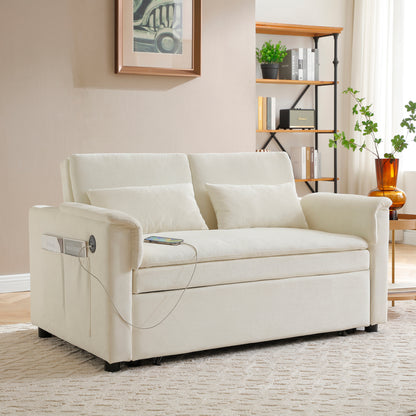 55" Velvet Two Seater Pull Out Sofa Bed, Adjustable Backrest With USB Ports, Two Side Pockets, 3 in 1 Convertible Sleeper Sofa Bed, Modern Love Seat Lounge,2 waist pillows for living rooms,BEIGE image 1