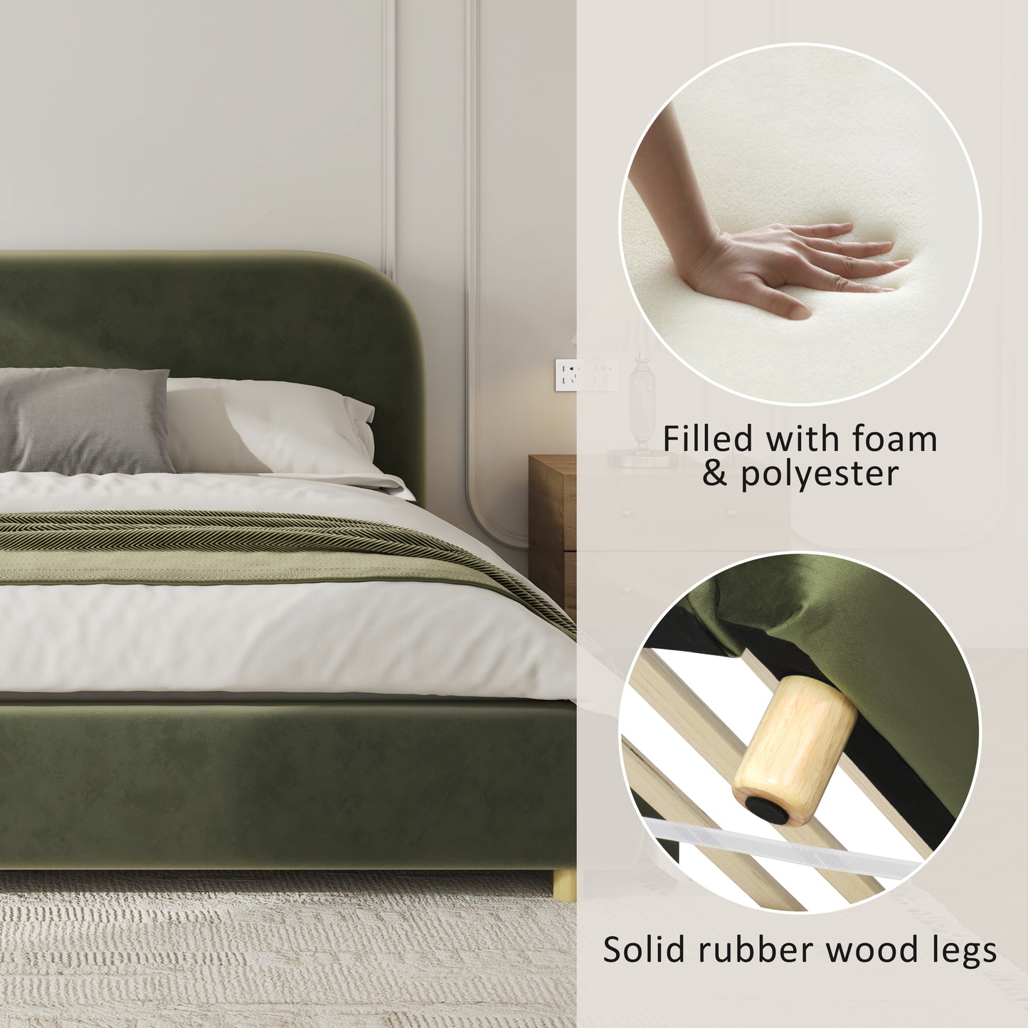 California King Size Upholstered Bed Frame With Velvet Fabric And Curve Design Thick Headboard, Solid Wood Legs, Olive Green image 6