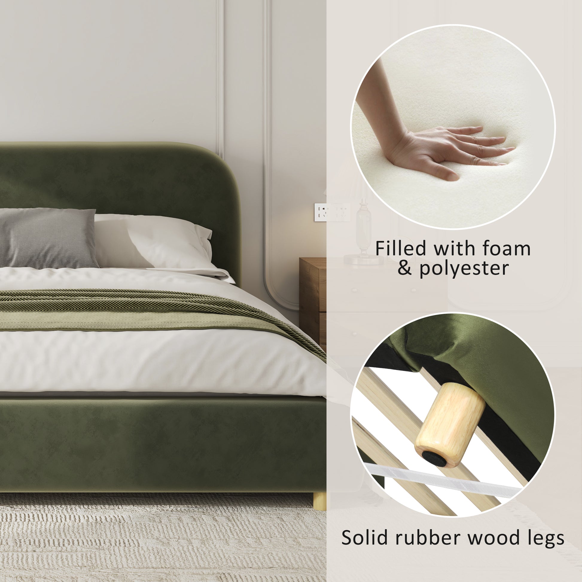 California King Size Upholstered Bed Frame With Velvet Fabric And Curve Design Thick Headboard, Solid Wood Legs, Olive Green image 6