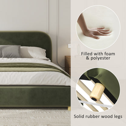 California King Size Upholstered Bed Frame With Velvet Fabric And Curve Design Thick Headboard, Solid Wood Legs, Olive Green image 6