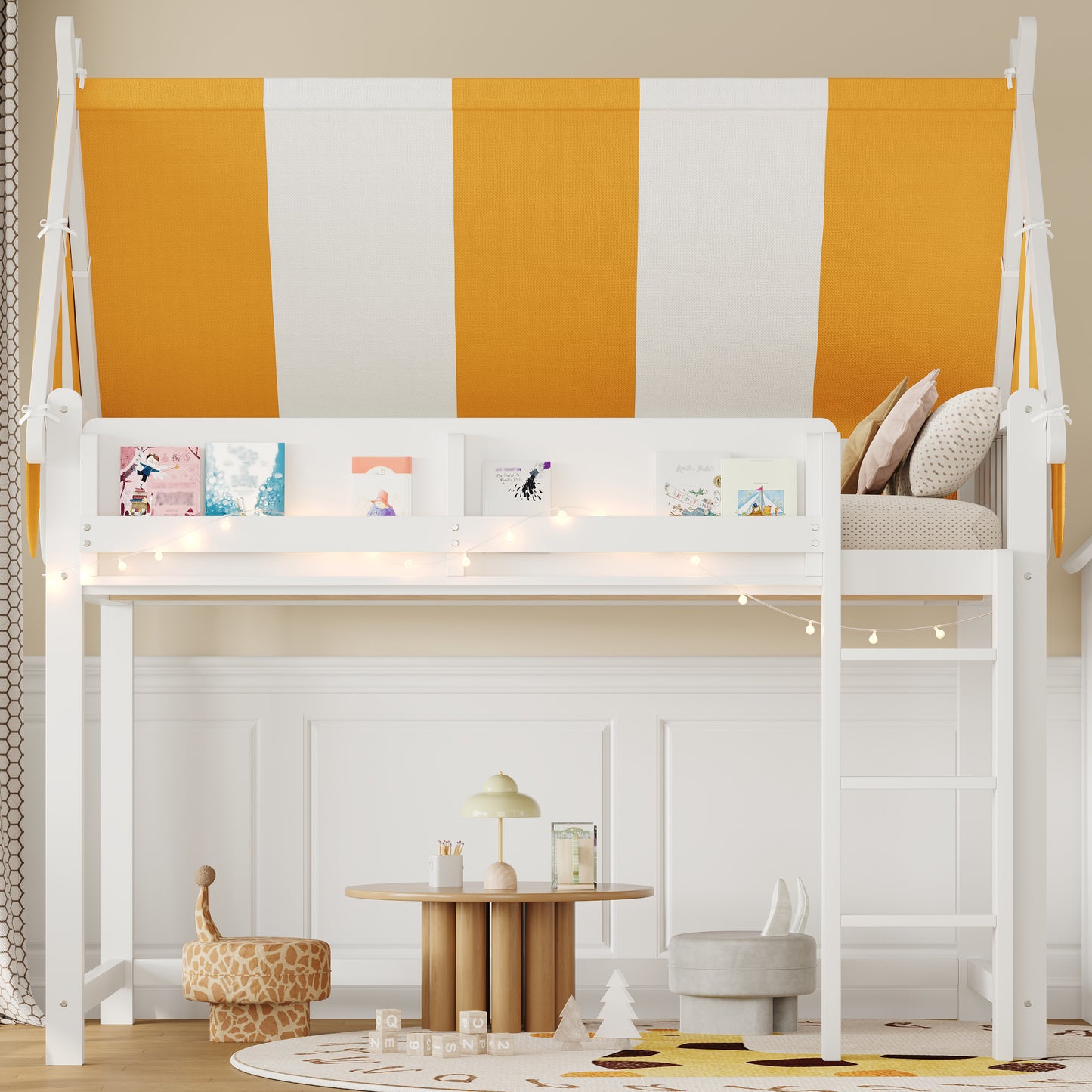 Full Size Loft Bed with Canopy, LED Lights & Book Shelf, White image 3