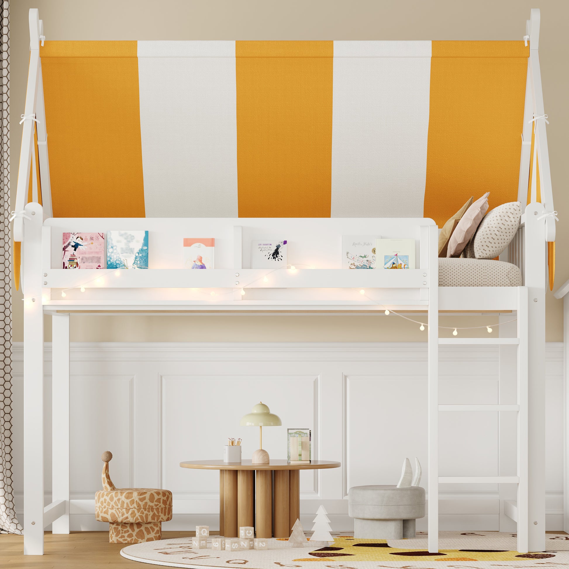 Full Size Loft Bed with Canopy, LED Lights & Book Shelf, White image 3