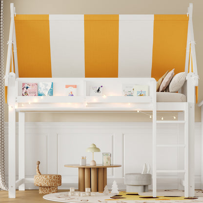 Full Size Loft Bed with Canopy, LED Lights & Book Shelf, White image 3