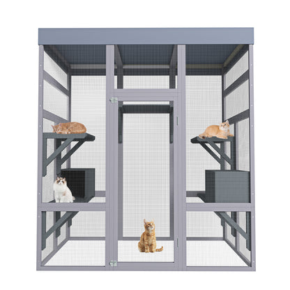 62.6" Wooden Outdoor Catio for Cats, Large Cat Enclosure with Waterproof Roof, 2 Napping House, Platforms & Galvanized Wire – Pet Cage for Backyard or Patio image 2
