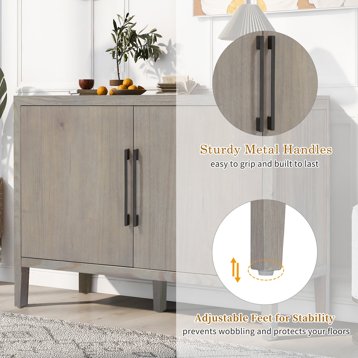 U_STYLE 47.25-Inch Farmhouse Sideboard with Pine Veneer and 2 Doors, Retro Buffet with Adjustable Feet, Minimalist Wooden Storage Cabinet with Metal Handles for Living Room, Kitchen image 5