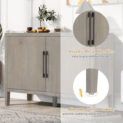 U_STYLE 47.25-Inch Farmhouse Sideboard with Pine Veneer and 2 Doors, Retro Buffet with Adjustable Feet, Minimalist Wooden Storage Cabinet with Metal Handles for Living Room, Kitchen image 5