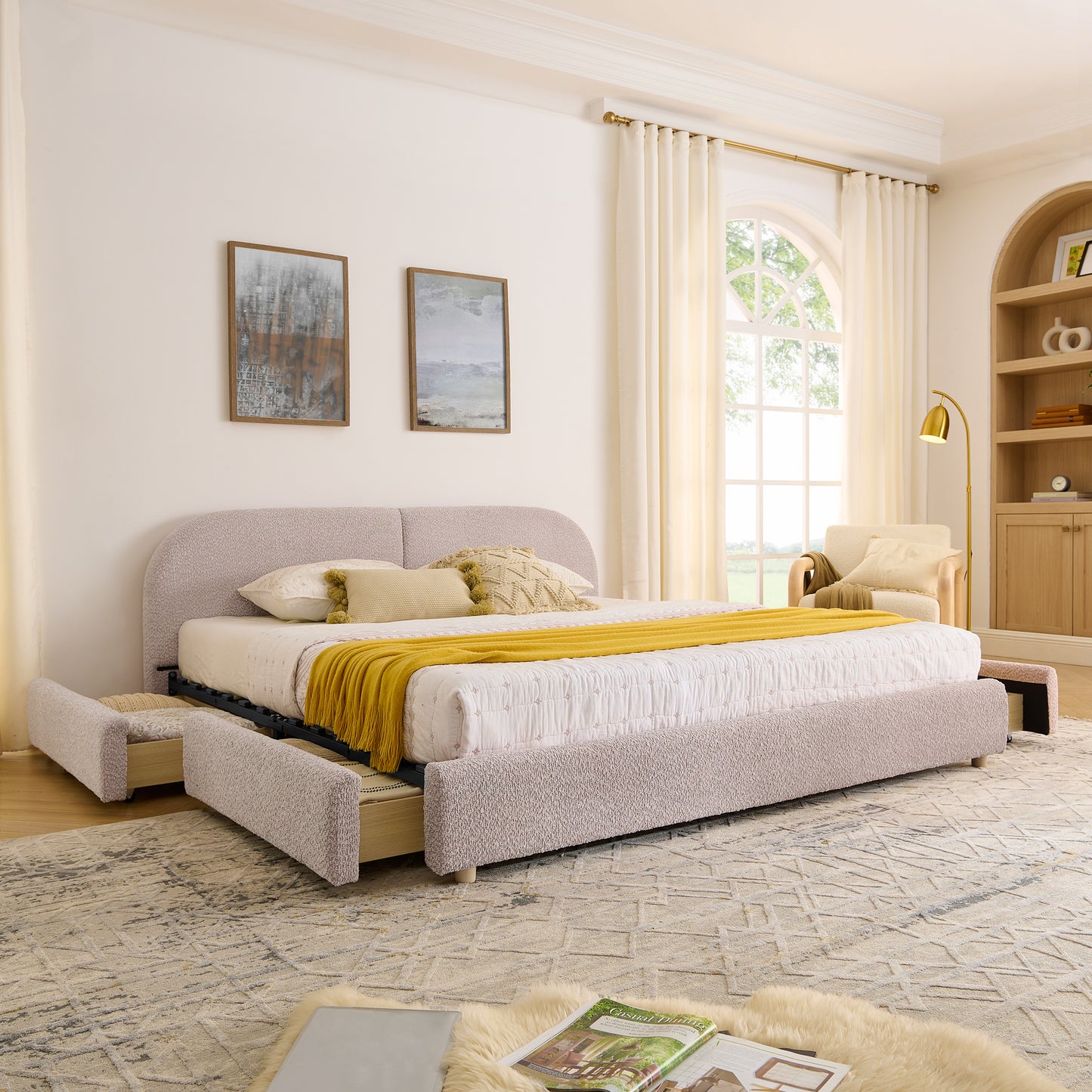 King Size Upholstered Bed Frame Modern Minimalist Style - Circle Yarn Fabric, Tall Curved Headboard, Sturdy Leg Support & Wheeled Drawer Storage, Mattress Not Included - Pink image 1