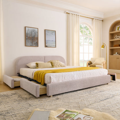 King Size Upholstered Bed Frame Modern Minimalist Style - Circle Yarn Fabric, Tall Curved Headboard, Sturdy Leg Support & Wheeled Drawer Storage, Mattress Not Included - Pink image 1