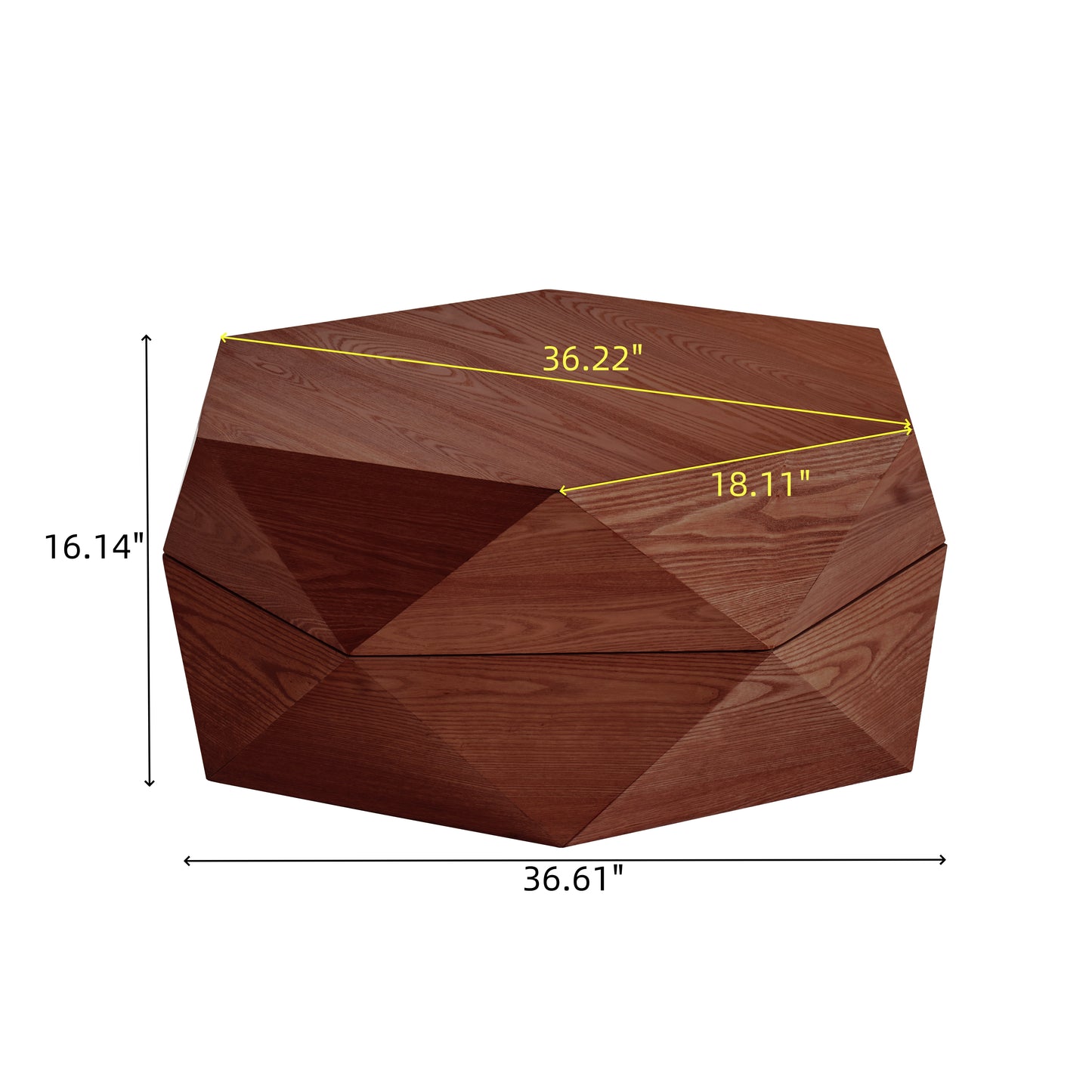 36.61'' Retro Style Polygon Flip Top Coffee Table, Flip-top hidden space, Solid Wood Veneered Drum Coffee Table with Storage for Living Room, Bedroom and Office, Reddish-brown, Brown image 12