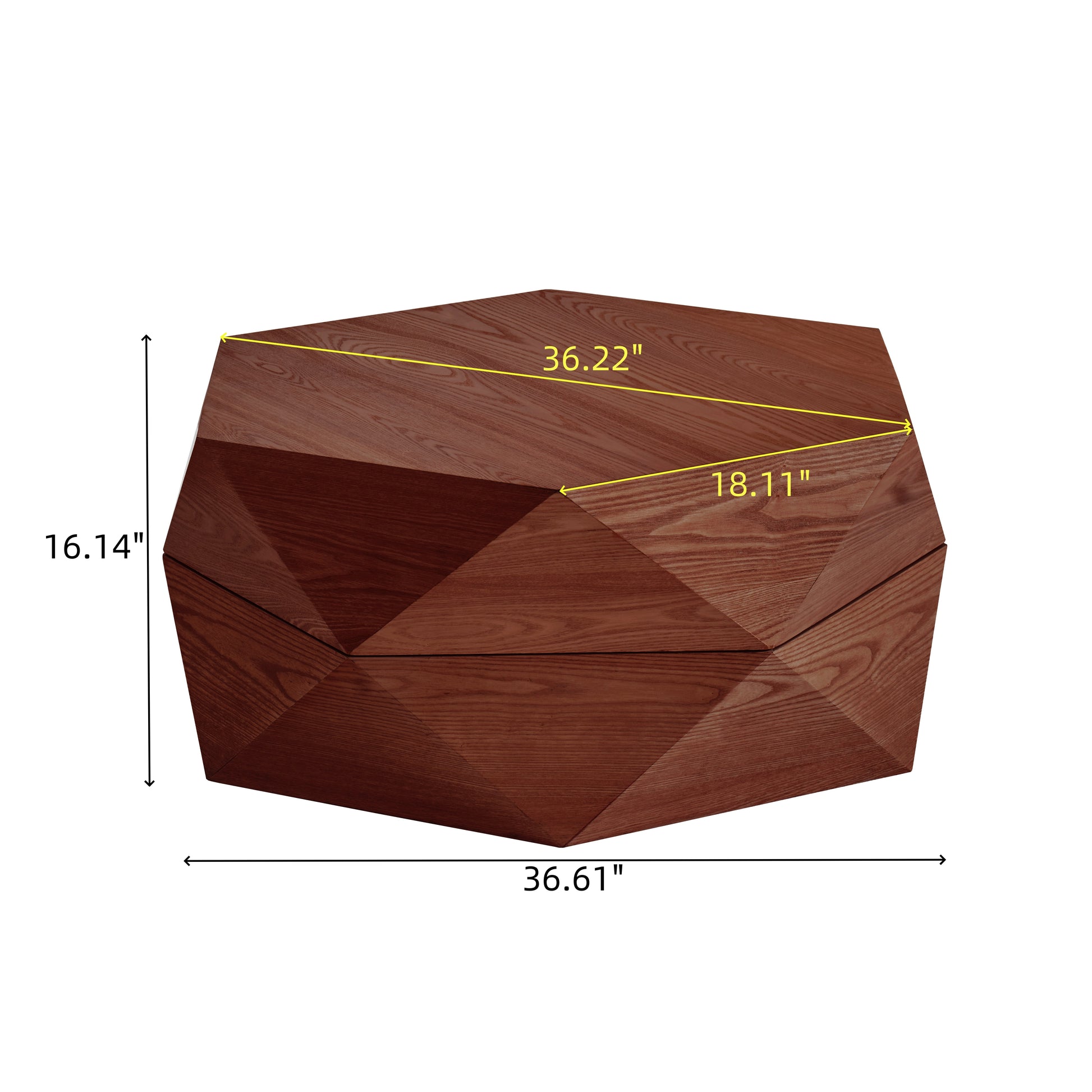 36.61'' Retro Style Polygon Flip Top Coffee Table, Flip-top hidden space, Solid Wood Veneered Drum Coffee Table with Storage for Living Room, Bedroom and Office, Reddish-brown, Brown image 12