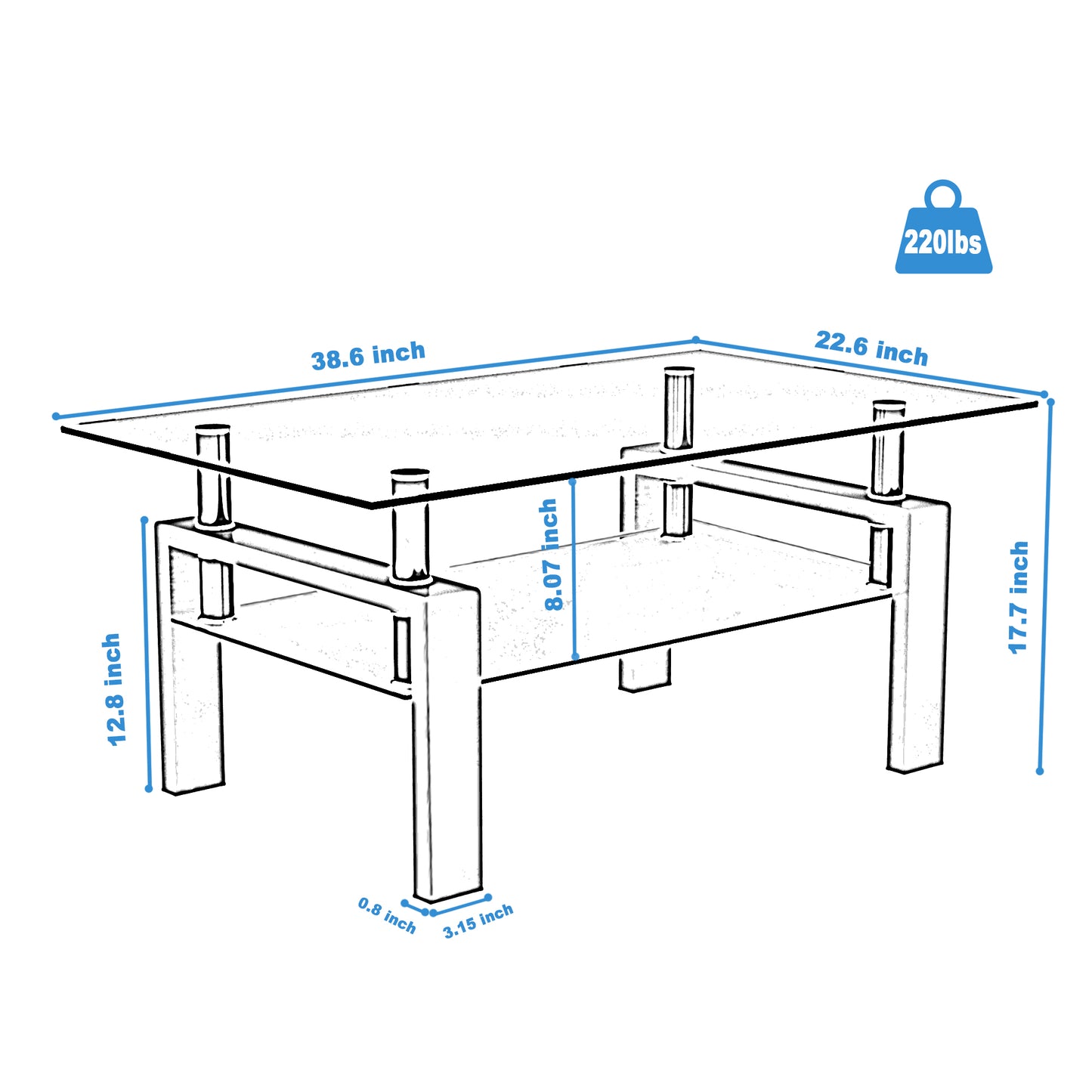 Rectangle Glass Coffee Table, Clear Coffee Table, Modern Side Center Tables for Living Room, Living Room Furniture (Old Sku:W24136821) image 5