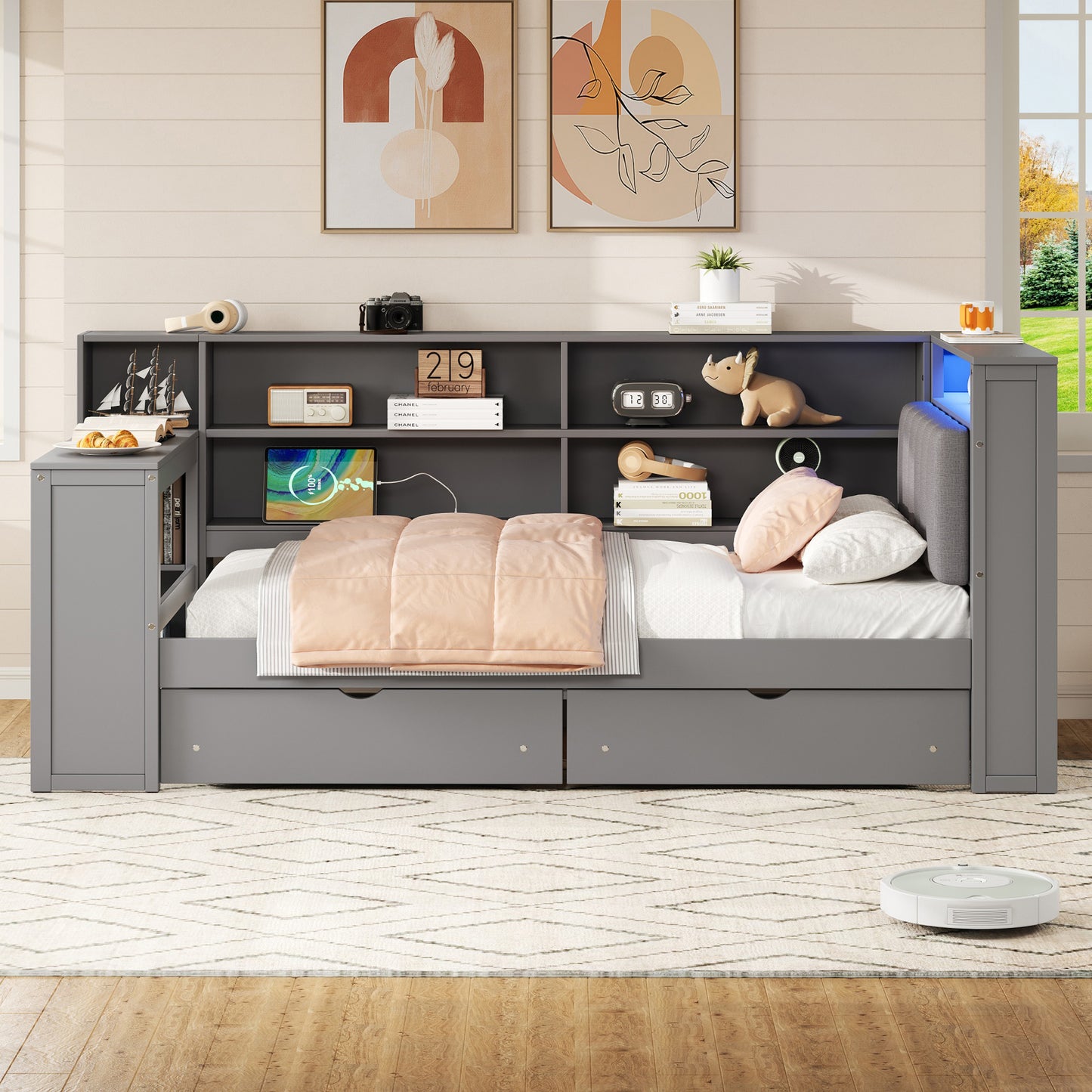 Wood Twin Size Platform Bed with Storage Shelves, Drawers, Charging Station, LED, Desk and Upholstered Headboard, Grey+ Grey Cushion image 2