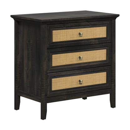 3 Drawer Dresser Rattan Dresser Wood Chest of Drawers Farmhouse Closet Dressers Modern Bedside Table Rustic Nightstand Storage Cabinet for Bedroom, Hallway, Living Room, Dark Rustic Oak image 10