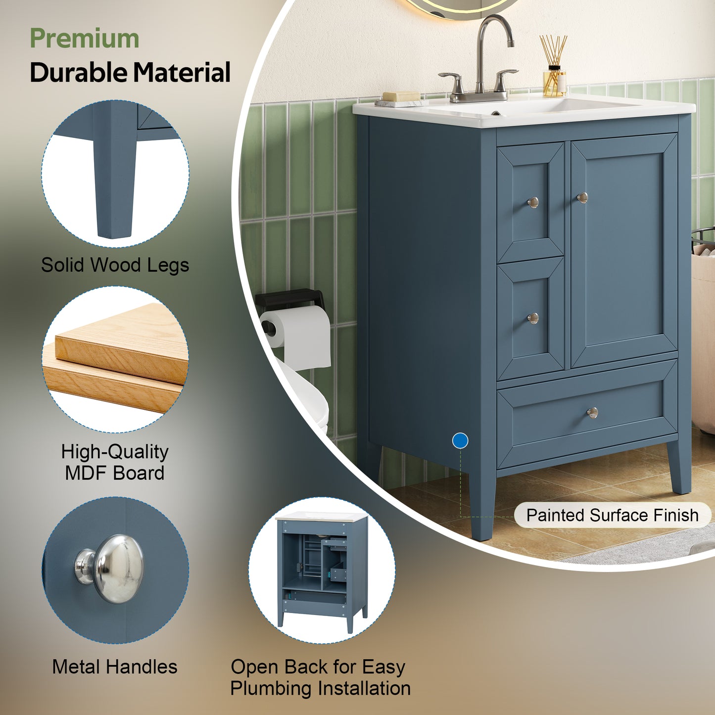 [Video] 24" Modern Blue Gray Bathroom Vanity with Ceramic Sink, Solid Wood Legs, Soft-Close Drawers & Door, Storage Rack, Painted Surface Finish image 5