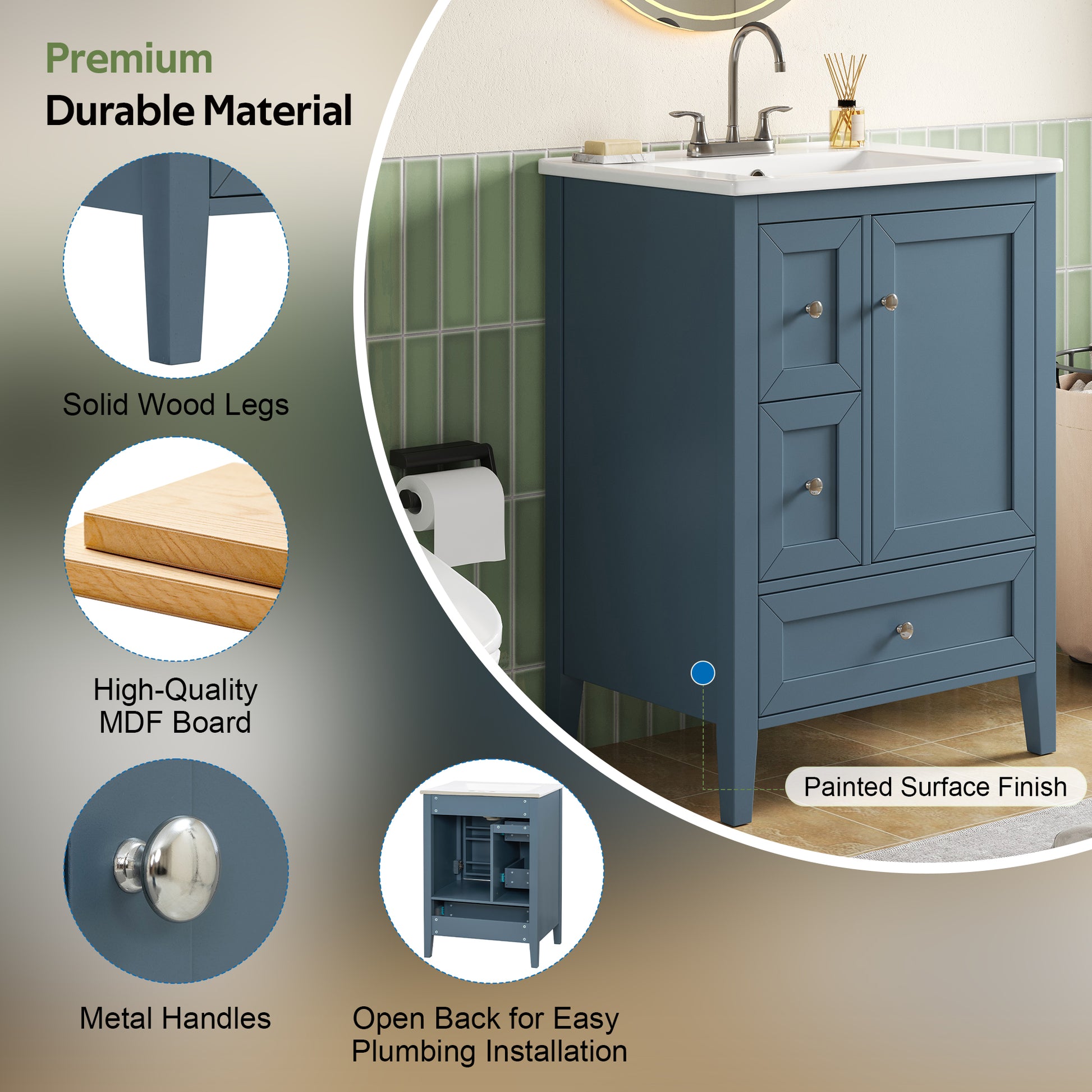[Video] 24" Modern Blue Gray Bathroom Vanity with Ceramic Sink, Solid Wood Legs, Soft-Close Drawers & Door, Storage Rack, Painted Surface Finish image 5