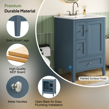 [Video] 24" Modern Blue Gray Bathroom Vanity with Ceramic Sink, Solid Wood Legs, Soft-Close Drawers & Door, Storage Rack, Painted Surface Finish image 5