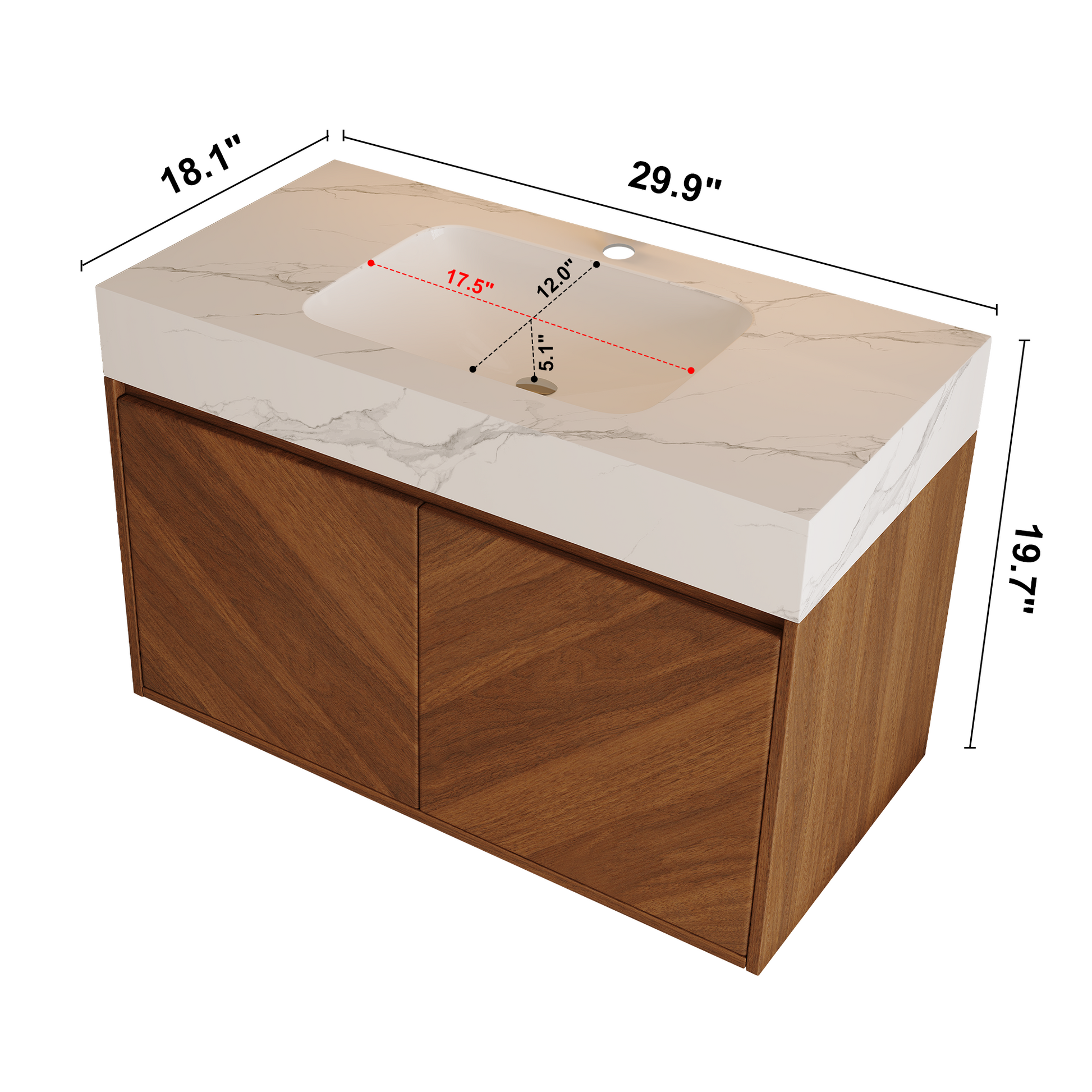 30" Modern Wall-Mounted Bathroom Vanity with Ceramic Sink – Brown Oak, Soft-Close image 9