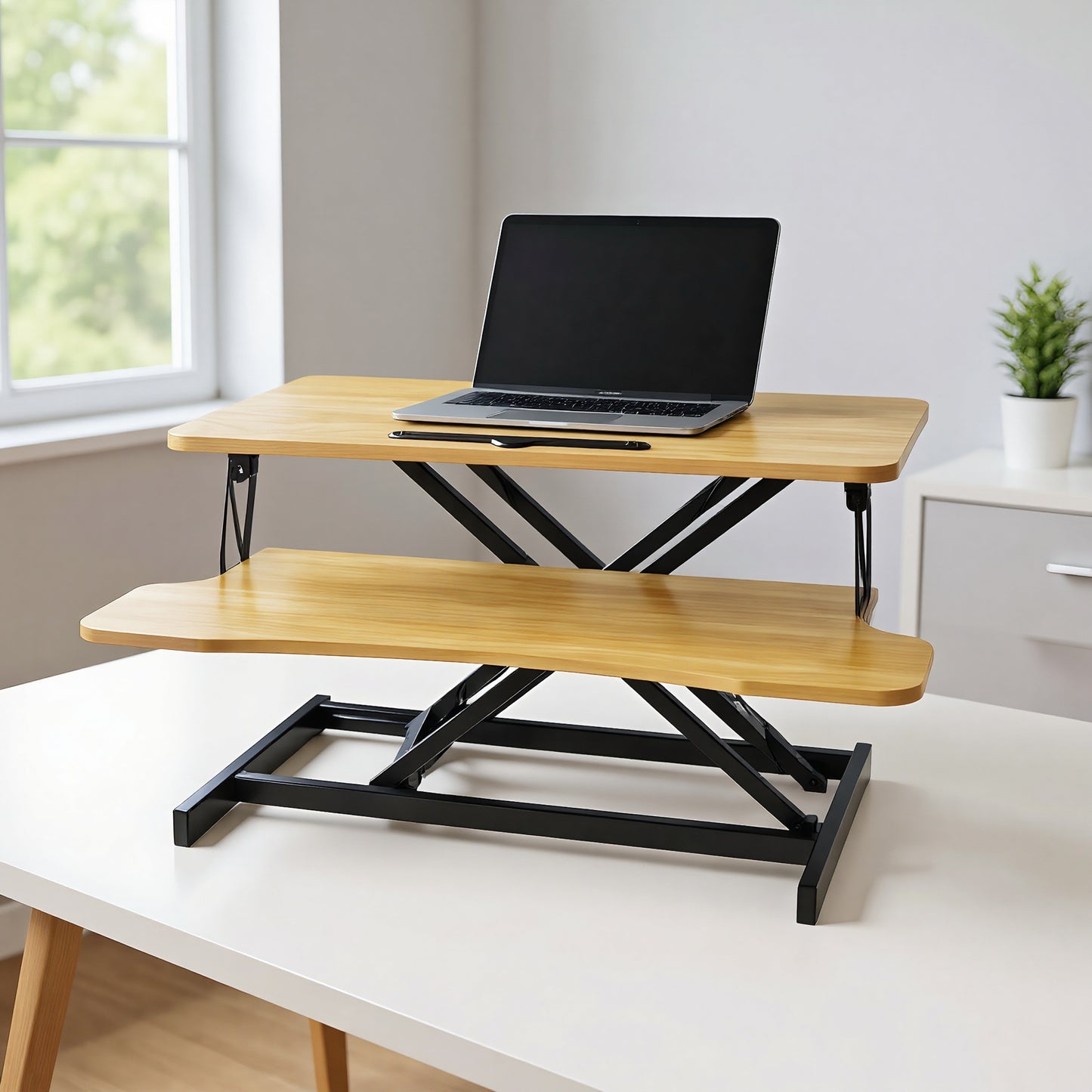 32 Inch Desk Converter, Height Adjustable Sit to Stand Riser, Dual Monitor and Laptop Workstation with Wide Keyboard Tray, Standing Computer Desk, Natural Color image 9