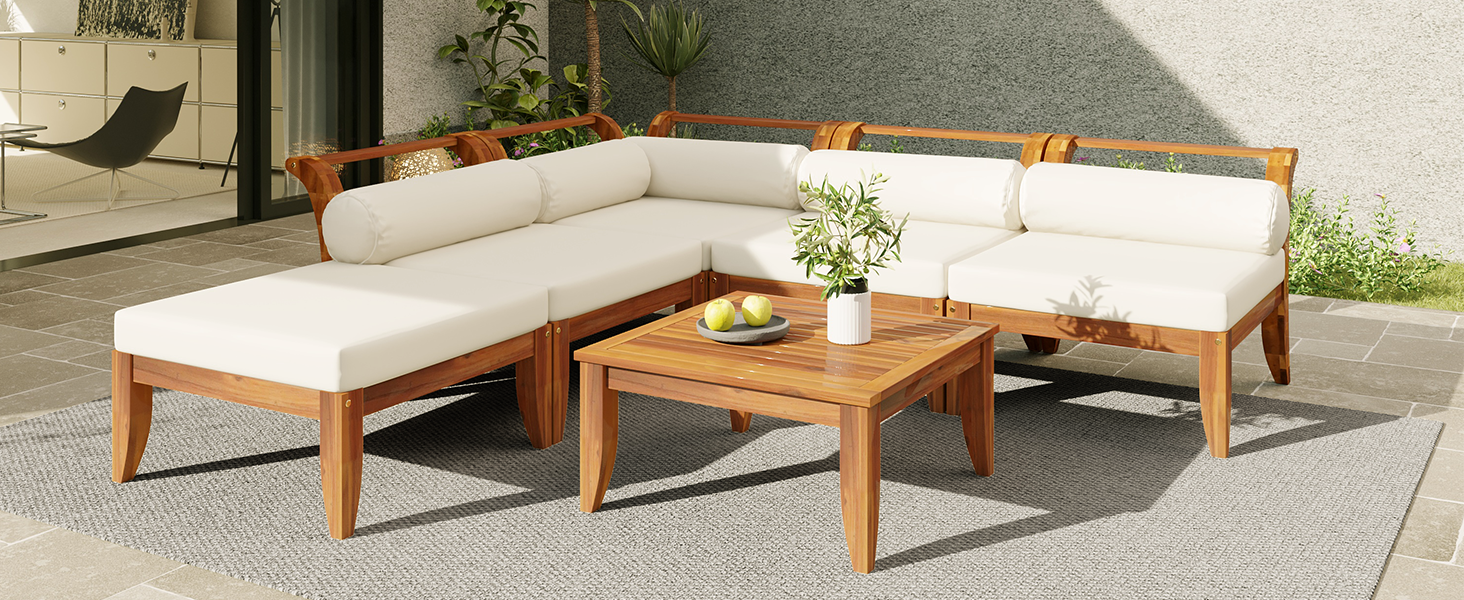 TOPMAX 6 Piece Patio Sofa Set, Acacia Wood Outdoor Modular Sectional Garden Furniture Set L-Shaped Conversation Set, Convertible Daybed with Tea Table, Ottoman, 5 Cushions and Pillows, Teak+Beige image 3