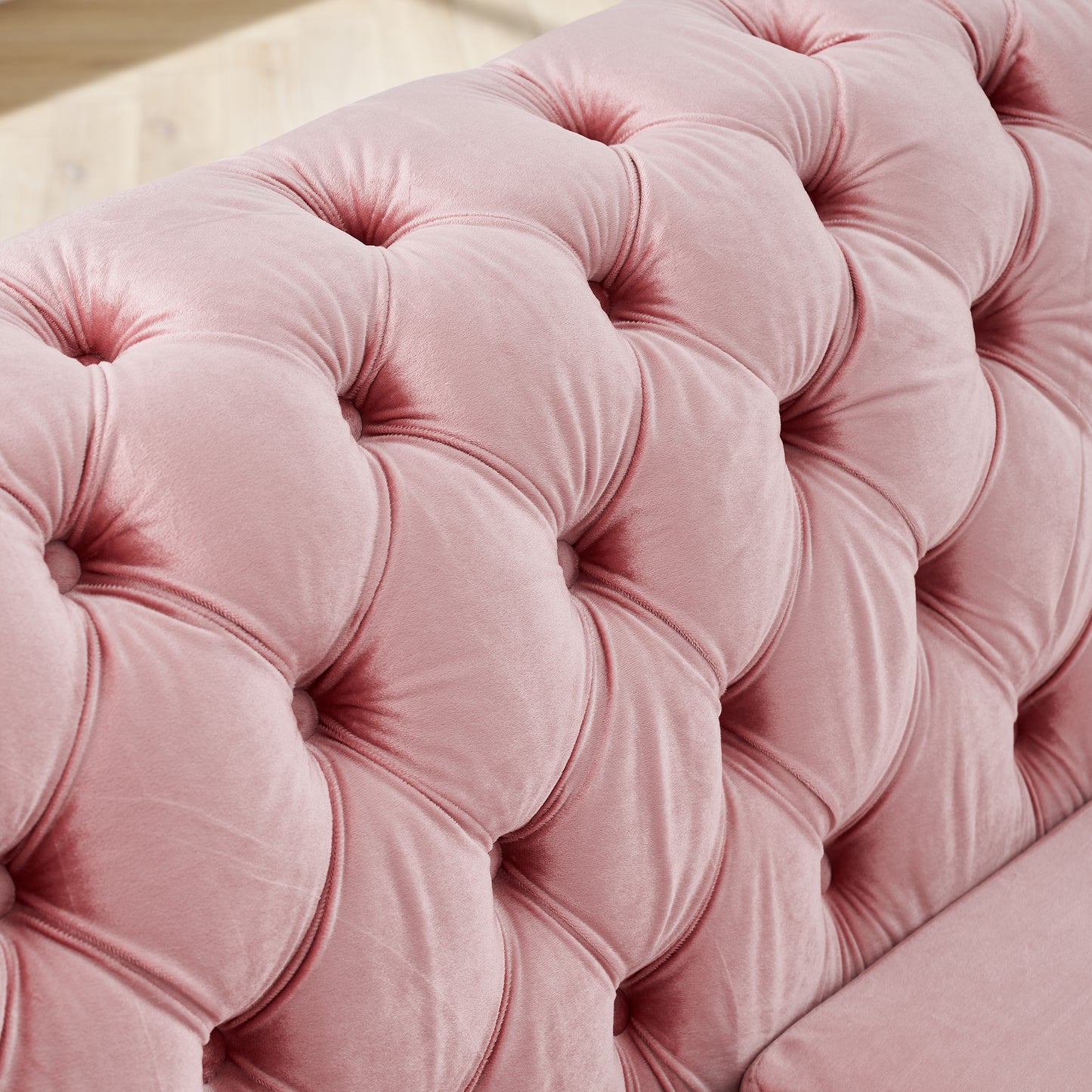 106 Inches L-Shaped Chesterfield Sectional Sofa Set with Gold Stainless Steel Accents, Velvet Button Tufted Sofa with 5 Pillows Luxury Couch for Living Room, Pink image 8