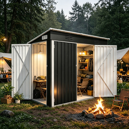 4 x 8 FT Galvanized Steel Outdoor Storage Shed with 3 Access Doors, Ventilated Weatherproof Metal Utility Shed for Garden Tools, Bikes & Patio Equipment,Black(3.58*7.41 ft) image 2