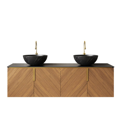 ARAI 60" Bathroom Vanity&Sinks, Floating Plywood Bathroom Storage Cabinet with 4 Doors, 2 Black Bowl Ceramic Basin with Stone Pattern&Black Sintered Stone Countertop, Brown Oak Woodgrain (New SKU) image 3